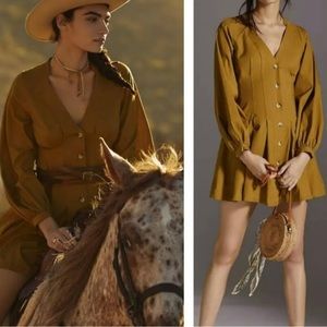 Anthropologie NWT New brown puff sleeve cotton mini shirt dress 4 Small